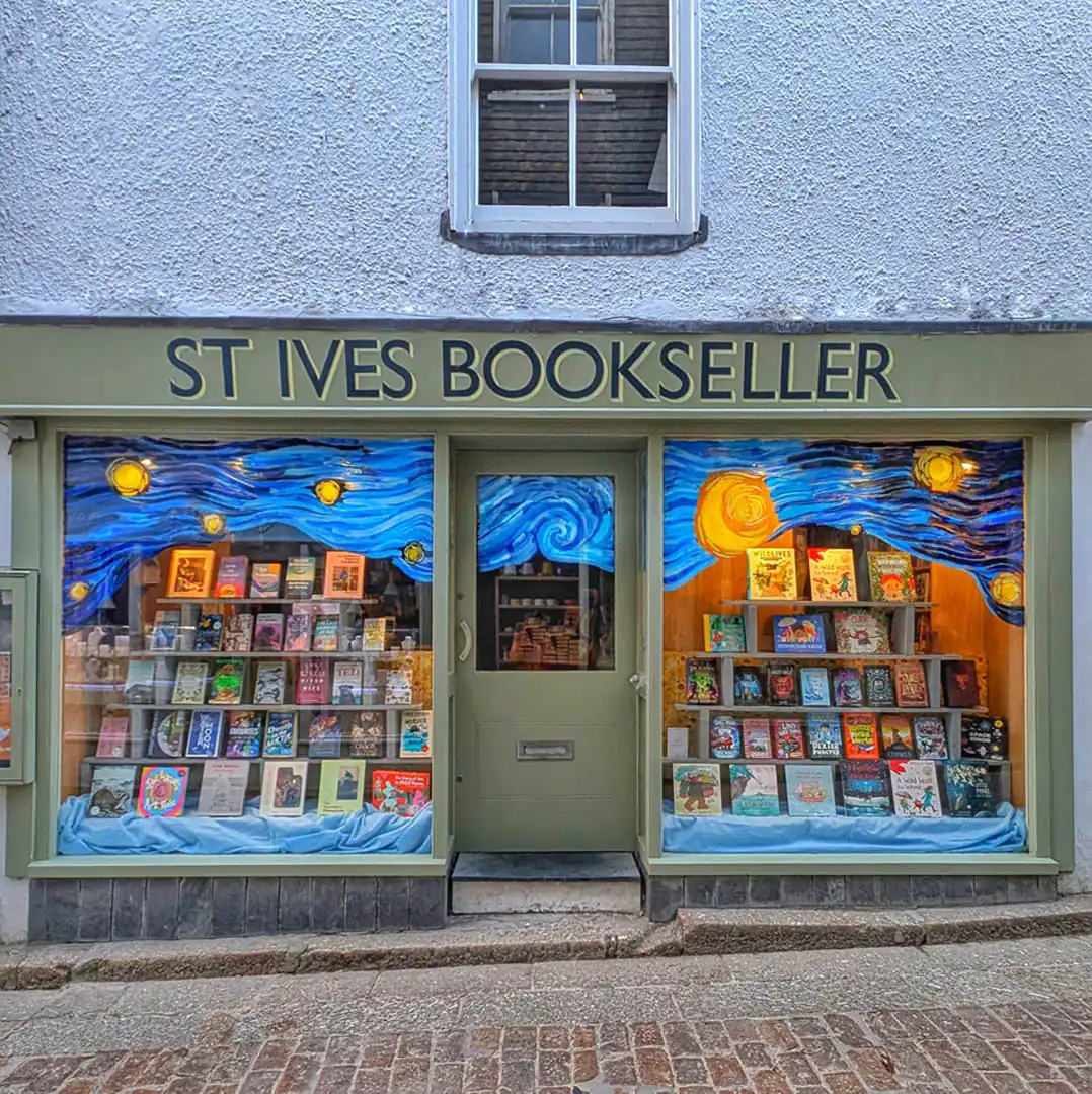 St Ives Bookseller in St Ives, Cornwall, featuring a cosy exterior with books displayed in the window, an independent shop in St Ives.